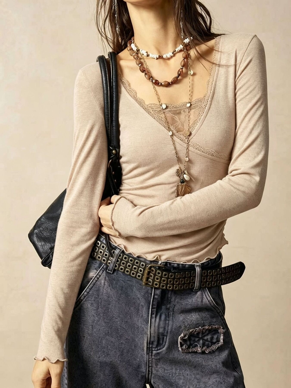 Beige Lace-Trim Long Sleeve V-Neck Lace Panel Top